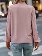 Pearls Beaded Tie Neck Lantern Sleeve Blouse